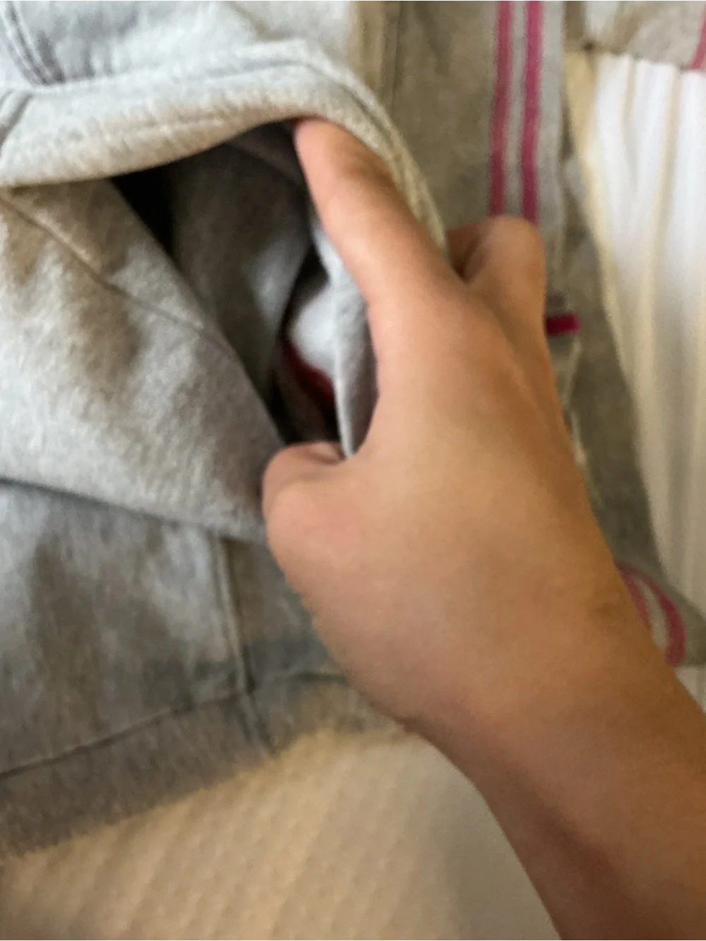 The North Face Women's Light Gray Hooded Sweater with Pink Stripe Hem